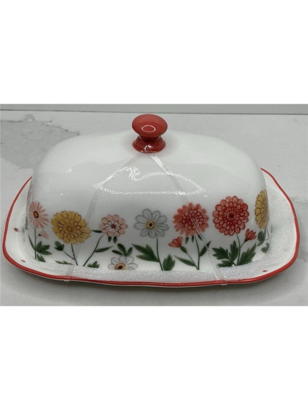 Potter’s Studio Ceramic Butter Dish White Pink Yellow Flowers New